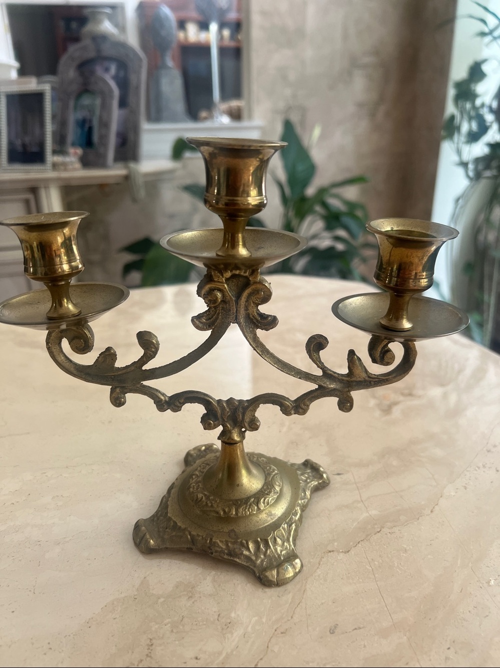 Ornate Brass 3-Arm Candelabra Scroll Detail  - Classic Home Accent.